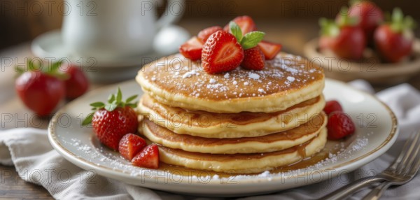 A mouthwatering stack of golden pancakes is adorned with juicy strawberries and a dusting of powdered sugar, perfect for breakfast, AI generated