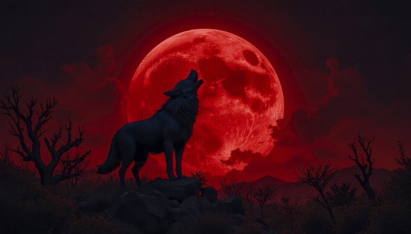 A lone wolf stands silhouetted against a vibrant red moon, howling in a dramatic and surreal landscape. The scene evokes a sense of mystery and fantasy, AI generated