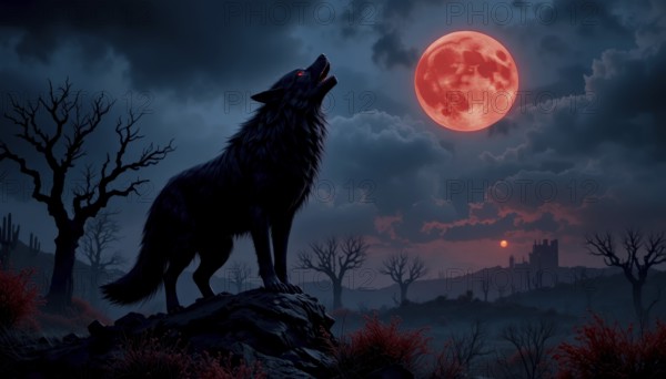 A black wolf stands atop a rock, silhouetted against a dramatic night sky with a large red moon. Bare trees and a castle add to the eerie atmosphere, AI generated