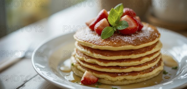 A delicious stack of pancakes is beautifully presented with fresh strawberries, mint leaves, and powdered sugar, ready to be enjoyed, AI generated
