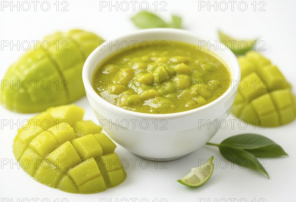 A vibrant image showcasing a bowl of green mango chutney surrounded by fresh, diced mango and lime slices, perfect for culinary use, AI generated