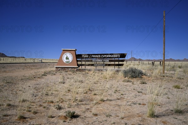 Sign at the entrance to Tsau//Khaeb National Park, diamond restricted area, near Aus, Karas Region, Namibia