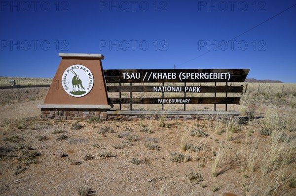 Sign at the entrance to Tsau//Khaeb National Park, diamond restricted area, near Aus, Karas Region, Namibia