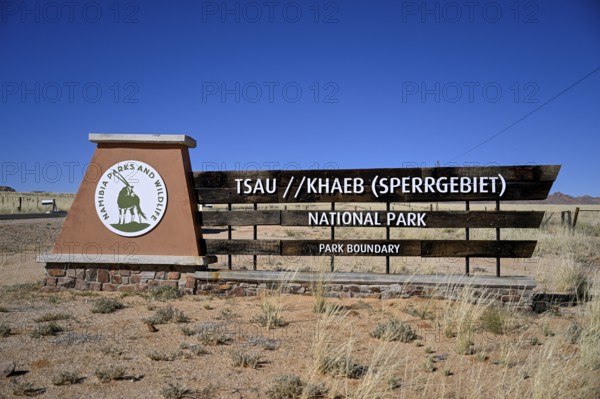 Sign at the entrance to Tsau//Khaeb National Park, diamond restricted area, near Aus, Karas Region, Namibia