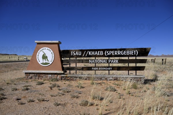 Sign at the entrance to Tsau//Khaeb National Park, diamond restricted area, near Aus, Karas Region, Namibia