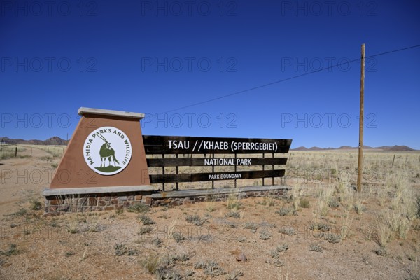 Sign at the entrance to Tsau//Khaeb National Park, diamond restricted area, near Aus, Karas Region, Namibia