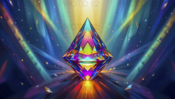 A stunning, radiant diamond is the focal point, surrounded by a mesmerizing display of colorful light beams and particles, AI generated