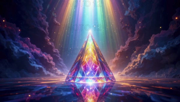 A vibrant, geometric pyramid glows with internal light, surrounded by colorful clouds and beams of radiant light in a surreal landscape, AI generated