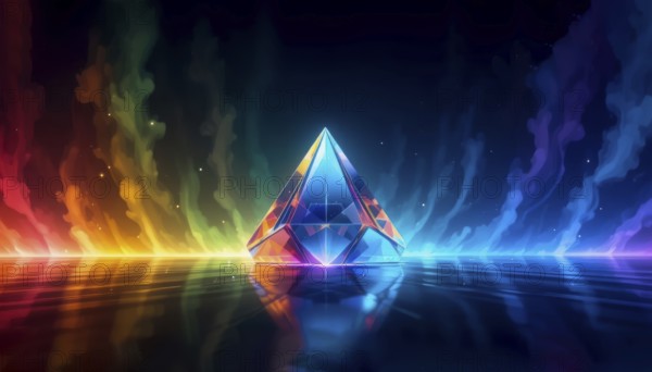 A vibrant, abstract artwork featuring a crystal pyramid reflecting colorful light, creating a mesmerizing and ethereal atmosphere, AI generated