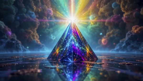A vibrant, glowing pyramid radiates light in a surreal, colorful landscape with celestial clouds and a reflective surface, AI generated