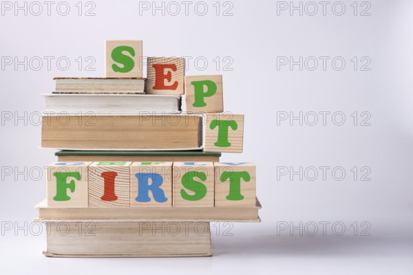 Wooden cubes with the inscription First sept stands on a stack of books copy space