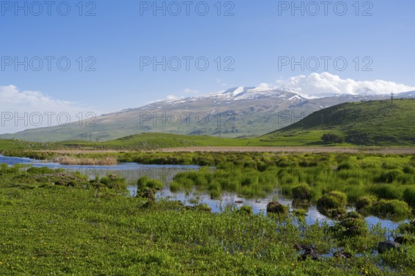 A river meanders through green hills in front of a mountain range with a slightly cloudy sky, landscape near Rya Taza with a view of the Aragaz, Ria Taza, Aragatsotn province, Armenia