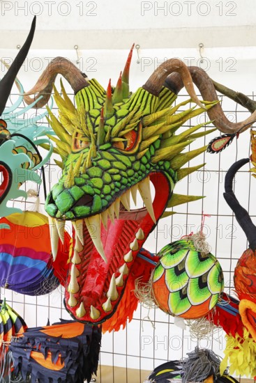 Kite festival, international kite festival, exhibition tent with Asian-style kite head, Dieppe, Normandy, France