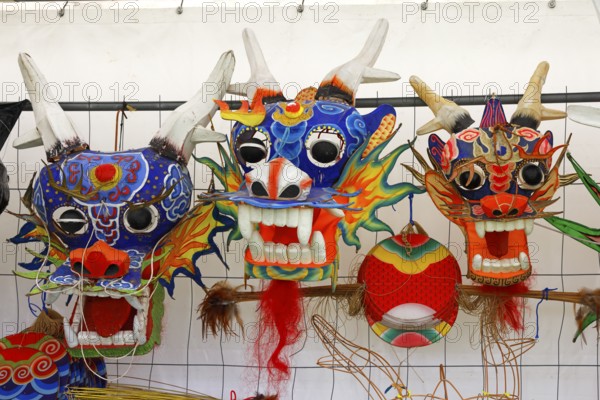 Kite festival, international kite festival, exhibition tent with Asian-style kite heads, Dieppe, Normandy, France