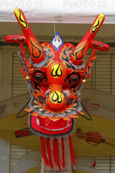 Kite festival, international kite festival, exhibition tent with Asian-style kite head, Dieppe, Normandy, France