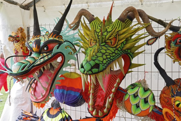 Kite festival, international kite festival, exhibition tent with Asian-style kite heads, Dieppe, Normandy, France
