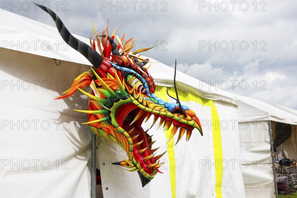 Kite festival, international kite festival, exhibition tent with Asian-style kite head, Dieppe, Normandy, France