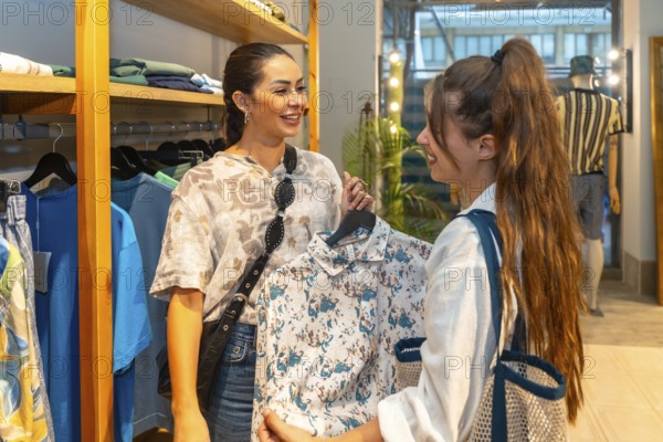 Two women interacting, choosing clothes in a store, one showing a shirt to the other, smiling and happy
