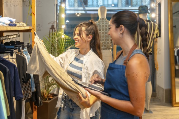 Smiling shop assistant holding tablet and showing trousers information to a happy customer in a clothing store