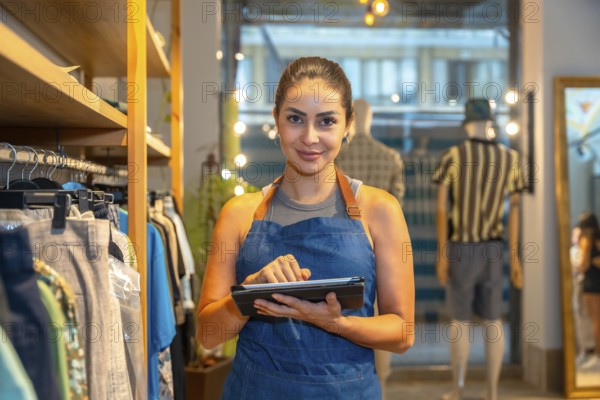 Confident saleswoman using digital tablet, managing inventory and sales in a modern clothing store, ensuring efficient operations and customer satisfaction