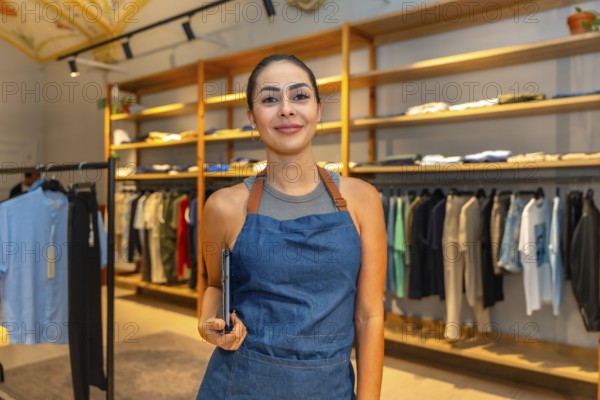 Portrait of a young saleswoman smiling and holding a tablet, working in a modern clothing store, ready to assist customers