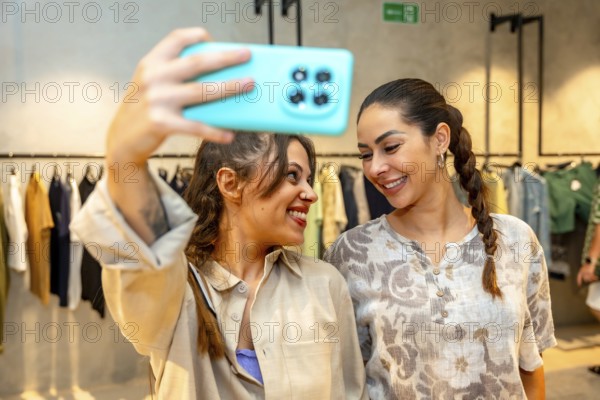 Two happy women taking a selfie with a smartphone in a clothing store, enjoying shopping and trying on new clothes