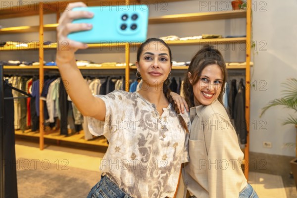 Two cheerful female customers are taking a selfie with a smartphone in a fashion store, trying on new clothes and enjoying their shopping experience