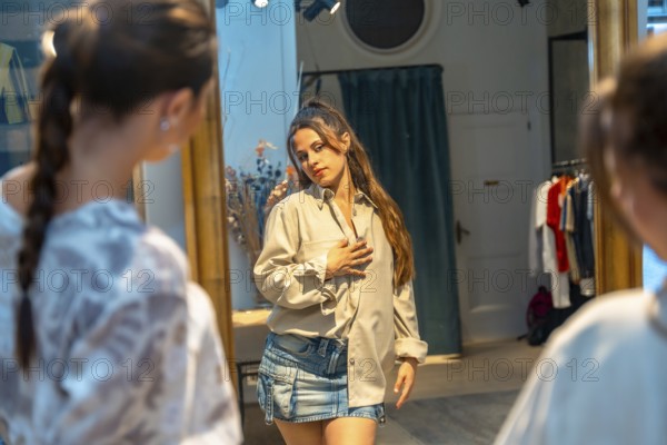 Young woman trying on new clothes, looking at her reflection in a mirror in a store dressing room