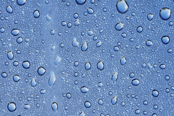 Drops of water on a blue surface, North Rhine-Westphalia, Germany