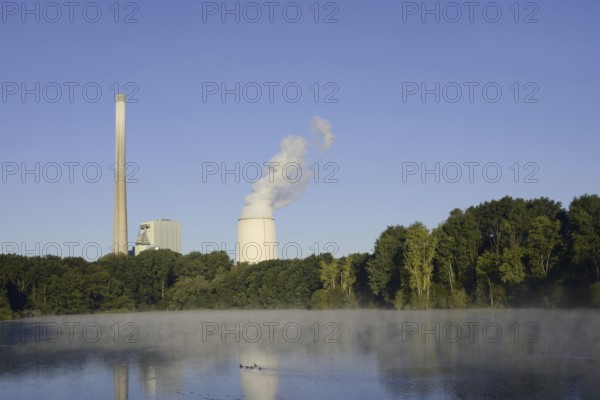 Beversee nature reserve and coal-fired power station in Bergkamen-Heil, Bergkamen, North Rhine-Westphalia, Germany