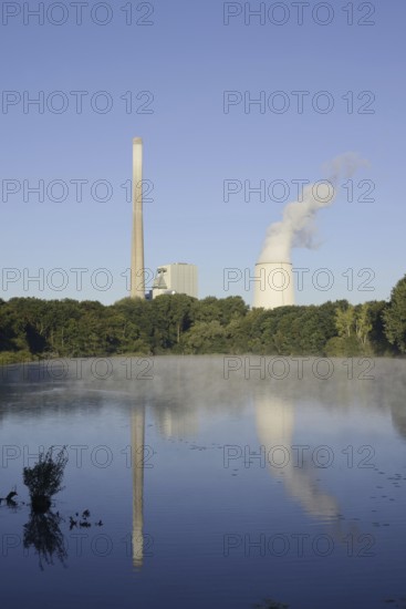 Beversee nature reserve and coal-fired power station in Bergkamen-Heil, Bergkamen, North Rhine-Westphalia, Germany