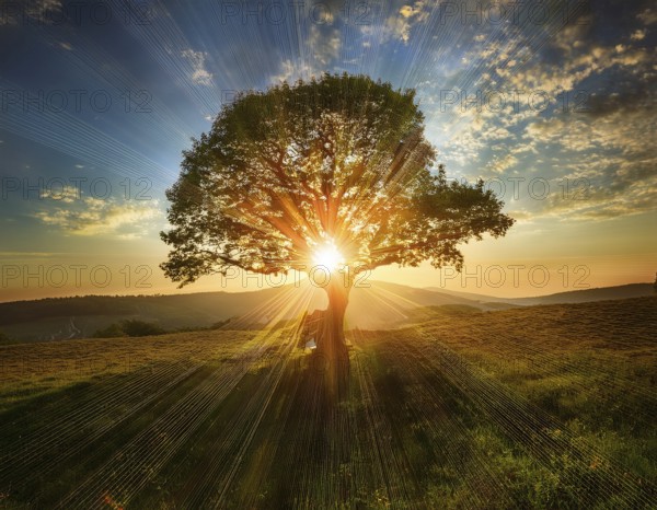 An awe-inspiring scene showcasing the sun's rays bursting through a solitary tree, illuminating a tranquil green meadow against a dramatic morning sky. A symbol of peace, life, and scenic nature, AI generated