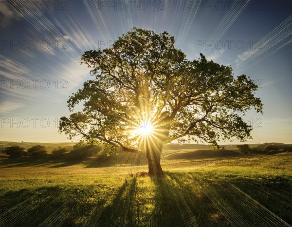 An awe-inspiring scene showcasing the sun's rays bursting through a solitary tree, illuminating a tranquil green meadow against a dramatic morning sky. A symbol of peace, life, and scenic nature, AI generated