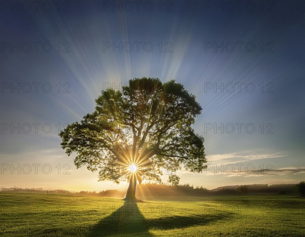 An awe-inspiring scene showcasing the sun's rays bursting through a solitary tree, illuminating a tranquil green meadow against a dramatic morning sky. A symbol of peace, life, and scenic nature, AI generated