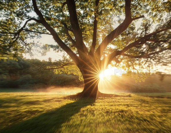 An awe-inspiring scene showcasing the sun's rays bursting through a solitary tree, illuminating a tranquil green meadow against a dramatic morning sky. A symbol of peace, life, and scenic nature, AI generated