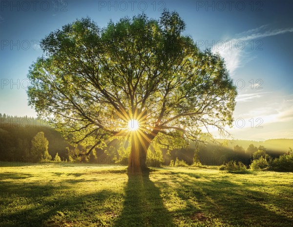 An awe-inspiring scene showcasing the sun's rays bursting through a solitary tree, illuminating a tranquil green meadow against a dramatic morning sky. A symbol of peace, life, and scenic nature, AI generated