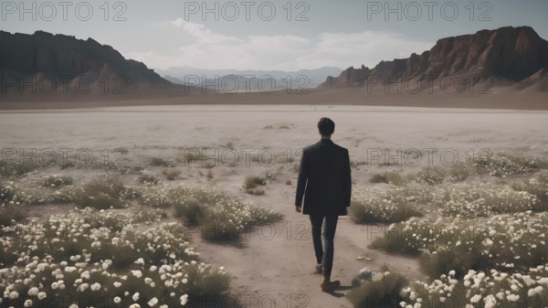 Man standing on dry cracked clay crust in desolate desert. Climate change and global warming. AI generated image