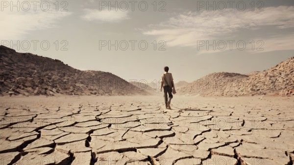 Man standing on dry cracked clay crust in desolate desert. Climate change and global warming. AI generated image