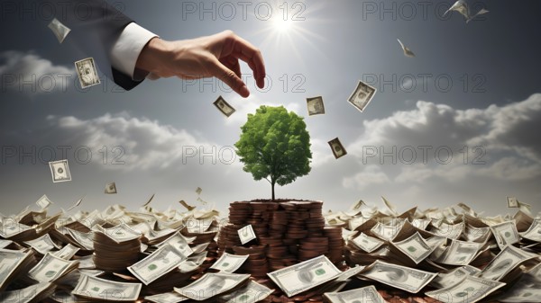 Deforestation concept. Trees cut down in forest. Environmental damage, global warming and climate change concept. AI generated image