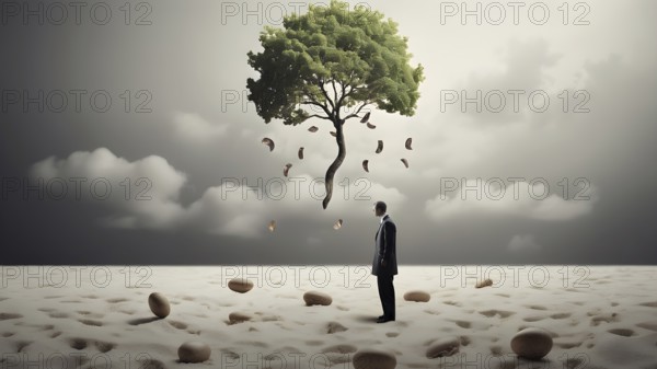 Deforestation concept. Trees cut down in forest. Environmental damage, global warming and climate change concept. AI generated image