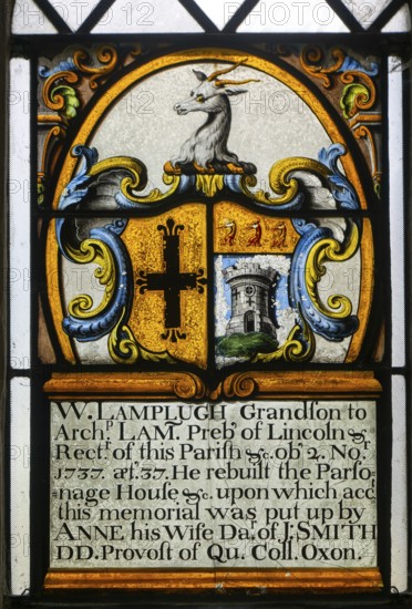 Historic stained glass window, Lamplugh memorial inside St Mary's church, Alton Barnes, Vale of Pewsey, Wiltshire, England, UK