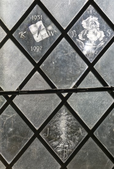 Glass engraved memorial panes, St Mary's church, Alton Barnes, Wiltshire, England, UK designed by Laurence and Simon Whistler