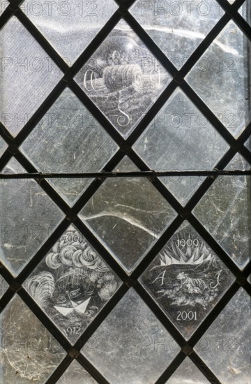 Glass engraved memorial panes, St Mary's church, Alton Barnes, Wiltshire, England, UK designed by Laurence and Simon Whistler