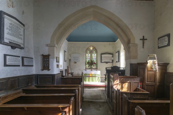 Interior of St Mary's church, Alton Barnes, Vale of Pewsey, Wiltshire, England, UK view from nave to altar