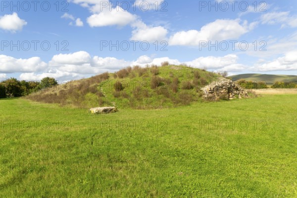 Modern-day neolithic style long Barrow burial chamber for storing cremation urns, All Cannings, near Devizes, Wiltshire, UK built 2014