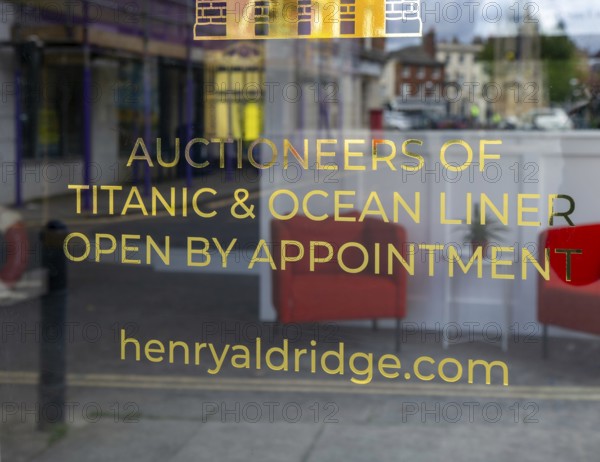 Sign on glass entrance door Henry Aldridge auctioneers of Titanic and Ocean Liner memorabilia, Devizes, Wiltshire, England, UK - Open by Appointment