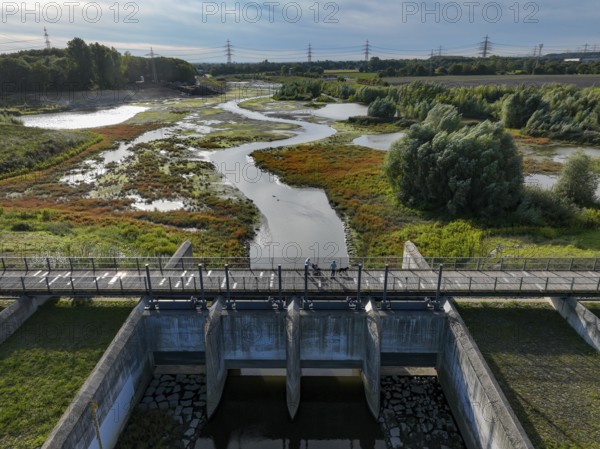 Dortmund, Castrop-Rauxel, North Rhine-Westphalia, Germany - River renaturalisation, renaturation of the Emscher, flood retention basin HRB Mengede. A new floodplain landscape is being created at the Emscher-Auen farm, expanding the area for flood protection during heavy rainfall and for biodiversity. The previously straightened Emscher is being given curves again and can meander through its new floodplain. Following the construction of a parallel sewer, the Emscher has been completely free of sewage since 2022. The river was previously an open, above-ground combined sewer with rainwater and wastewater