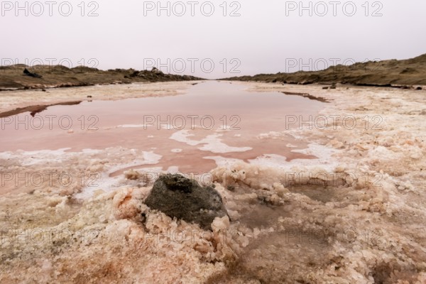 Pink salt flats with mineral-rich water in Sandwich Harbour, Namib-Naukluft National Park, Namibia. Rugged desert landscape with unique colors and textures, permit required to visit