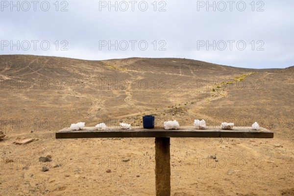 Pink salt displayed on wooden stands along the road to Namib-Naukluft National Park and Sandwich Harbour, Namibia, set against a desert landscape