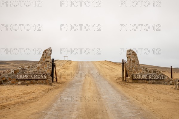 Entrance gate of Cape Cross Seal Reserve, Namibia - 29 August, 2025: leading to the famous Cape fur seal colony on the Skeleton Coast
